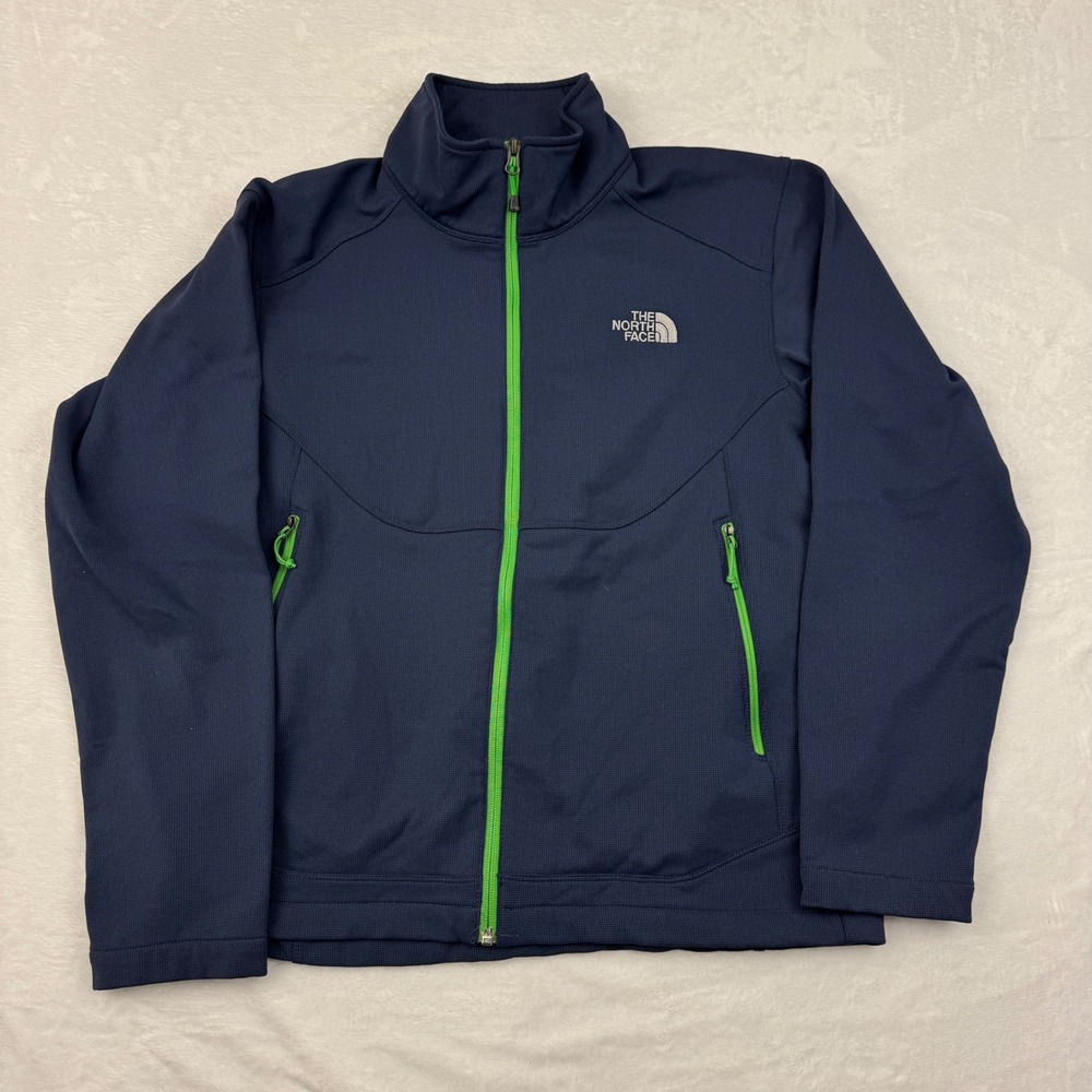 The North Face Mens Navy Blue Full Zip Fleece Jacket Green Accents T325 L